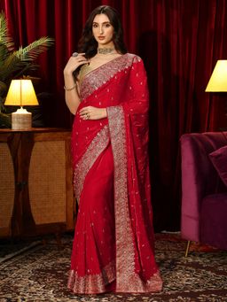 Libas - Red Stone Zari Work Saree with Embroidered Border