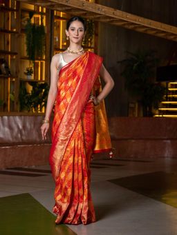 Beatitude - Orange Gold-Toned Woven Design Silk Blend Saree with Unstitched Blouse