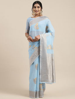 Sareemall - Womens Linen Turquoise Woven Design Woven Saree with Unstitched Blouse