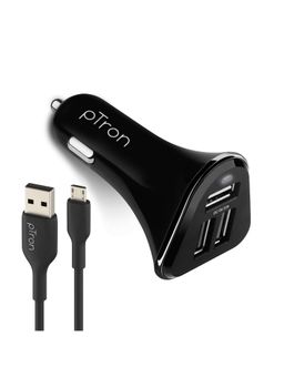 pTron - Bullet 3.1A Fast Charging Car Charger, 3 USB Ports, for All Mobiles - Black