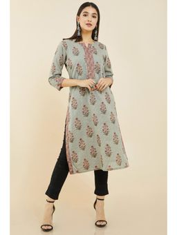 Soch - Women Olive Cotton Floral Kurta