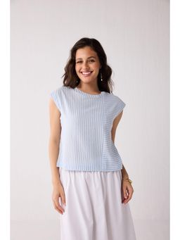 Reistor - Button-Back Crew Neck Top In Blue Stripes