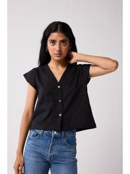 Reistor - V-Neck Embroidered Shirt with Front Buttons In Black