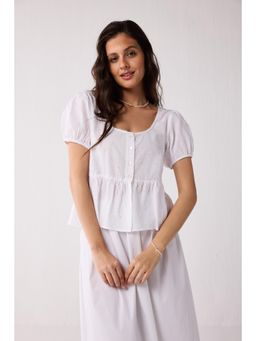 Reistor - Embroidered Peplum Top with Puff Sleeves In White