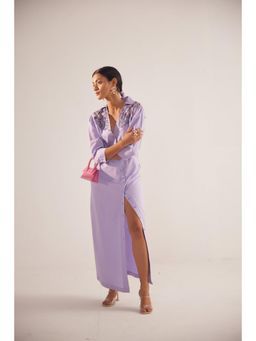 Western Era - Lavender Event Wear Long Dress with Yolk Embroidery and Side Slit
