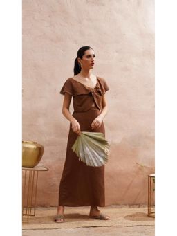 Western Era - Scalloped Embroidery Brown Long Dress with Victorian Collar