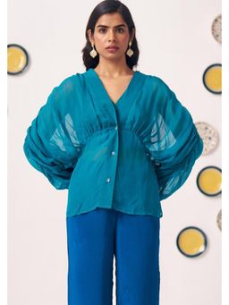 Western Era - Teal Organza Shimmer Spaghetti Kaftan Top