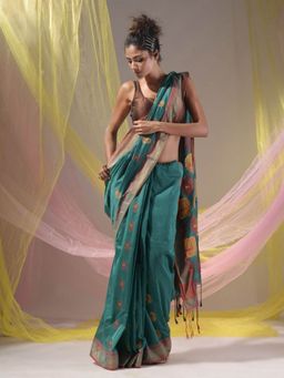 CHARUKRITI - Teal Silk Matka Paisley Motifs Soft Saree with Unstitched Blouse