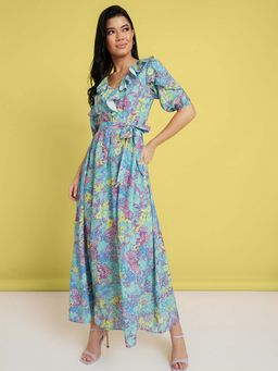 Styli - Multi-color Cuffed Sleeves Ruffle Neck Detail A-line Maxi Dress With Tie Belt (Set of 2)