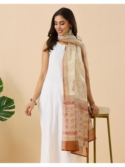 Fabindia - White Cotton Silk Printed Dupatta