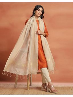 Fabindia - Womens Beige Cotton Silk Blend Maheshwari Dupatta