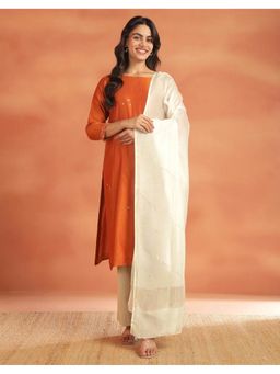 Fabindia - Off White Cotton Embroidered Dupatta