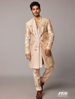 CONTRAST BY PARTH - Beige Bageecha Open Sherwani with Kurta and Pant (Set of 3)