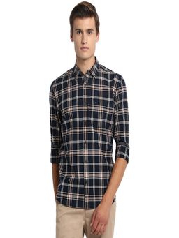BASICS - Navy Blue Cotton Slim Fit Checks Shirt