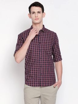 BASICS - Navy Blue Cotton Slim Fit Checks Shirt