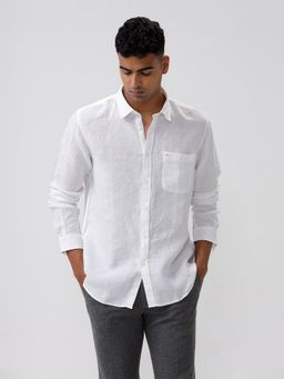 BASICS - Casual Plain White 100% Linen Slim Shirt