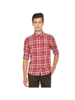 BASICS - Slim Fit Tango Red Twill Checks Shirt