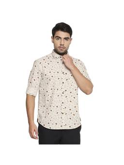 BASICS - Slim Fit Bleached Khaki Printed Shirt
