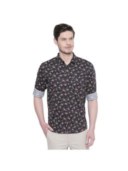 BASICS - Slim Fit Caviar Black Satin Digital Printed Shirt