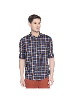 BASICS - Navy Blue Cotton Slim Fit Checks Shirt