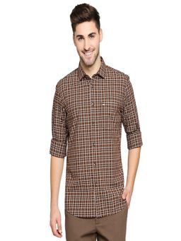 BASICS - Slim Fit Bistre Brown Checks Shirt