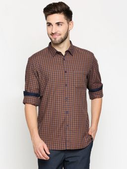 BASICS - Slim Fit Nugget Brown Twill Checks Shirt
