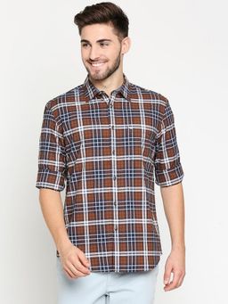 BASICS - Slim Fit Glazed Brown Oxford Checks Shirt