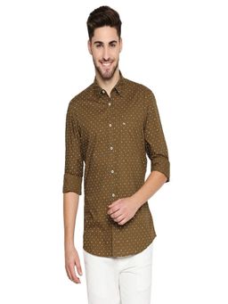 BASICS - Slim Fit Bronze Brown Poplin Printed Shirt