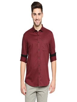 BASICS - Slim Fit Ruby Red Satin Printed Shirt