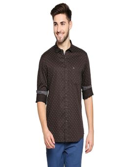 BASICS - Slim Fit Fudge Brown Satin Printed Shirt