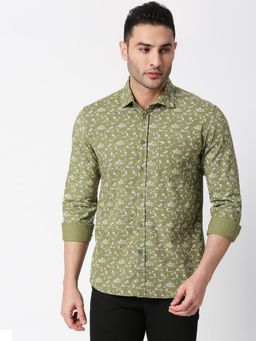 BASICS - Slim Fit Chine Green Cotton Poplin Printed Shirt