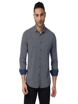BASICS - Navy Blue Cotton Geometric Shirt