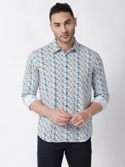 BASICS - Slim Fit Swedish Blue Cotton Viscose Printed Shirt