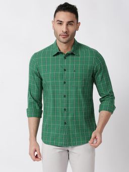 BASICS - Slim Fit Foliage Green Cotton Twill Checks Shirt