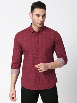 BASICS - Slim Fit Syrah Red Cotton Poplin Printed Shirt