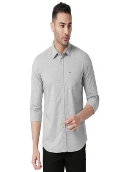 BASICS - Slim Fit Limestone Grey Cotton Polyester Chambray Shirt
