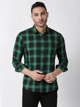 BASICS - Slim Fit Jelly Green Cotton Grindle Checks Shirt