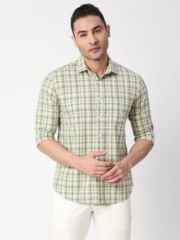 BASICS - Slim Fit Artichoke Green Cotton Checks Shirt