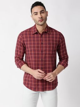 BASICS - Slim Fit Spiced Red Cotton Twill Checks Shirt