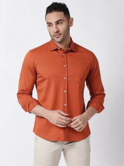 BASICS - Slim Fit Burnt Orange Cotton Twill Stretch Shirt