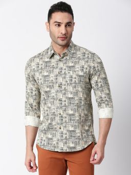 BASICS - Slim Fit Almond Beige Cotton Satin Digital Printed Shirt