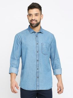 BASICS - Slim Fit Coronet Blue Cotton Polyester Indigo Shirt