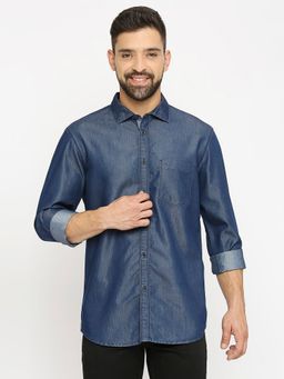 BASICS - Slim Fit Poseidon Blue Cotton Polyester Indigo Shirt