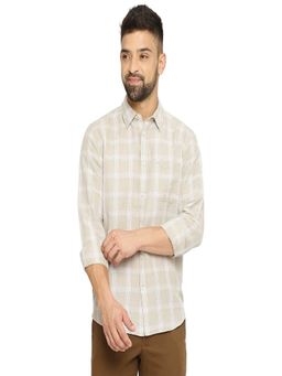 BASICS - Slim Fit Cement Beige Cotton Linen Checks Shirt