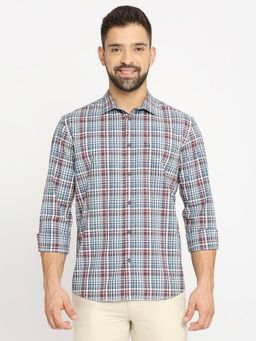 BASICS - Slim Fit Parasailing Teal Cotton Checks Shirt