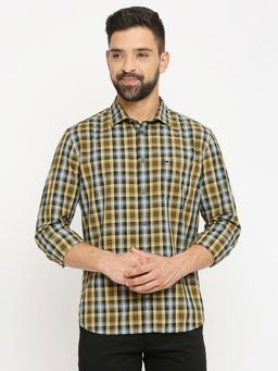 BASICS - Slim Fit Honey Yellow Cotton Checks Shirt