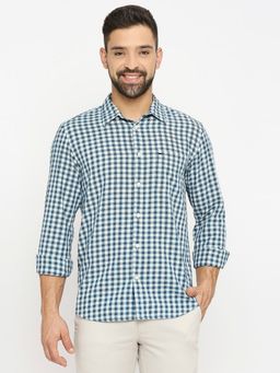 BASICS - Slim Fit Sailor Blue Cotton Twill Checks Shirt