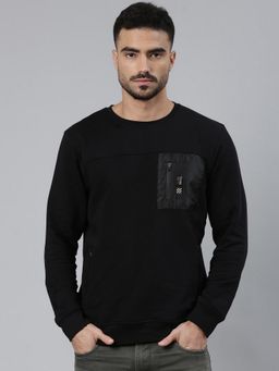 Classic Polo - Black Crew Neck Pull Over Solid Side Zipper Pocket Sweatshirt