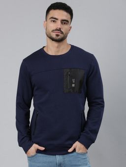 Classic Polo - Navy Blue Crew Neck Pull Over Solid Side Zipper Pocket Sweatshirt