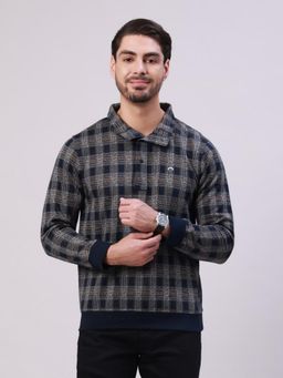 Classic Polo - Navy Blue Collar Neck Button Checked Sweatshirt